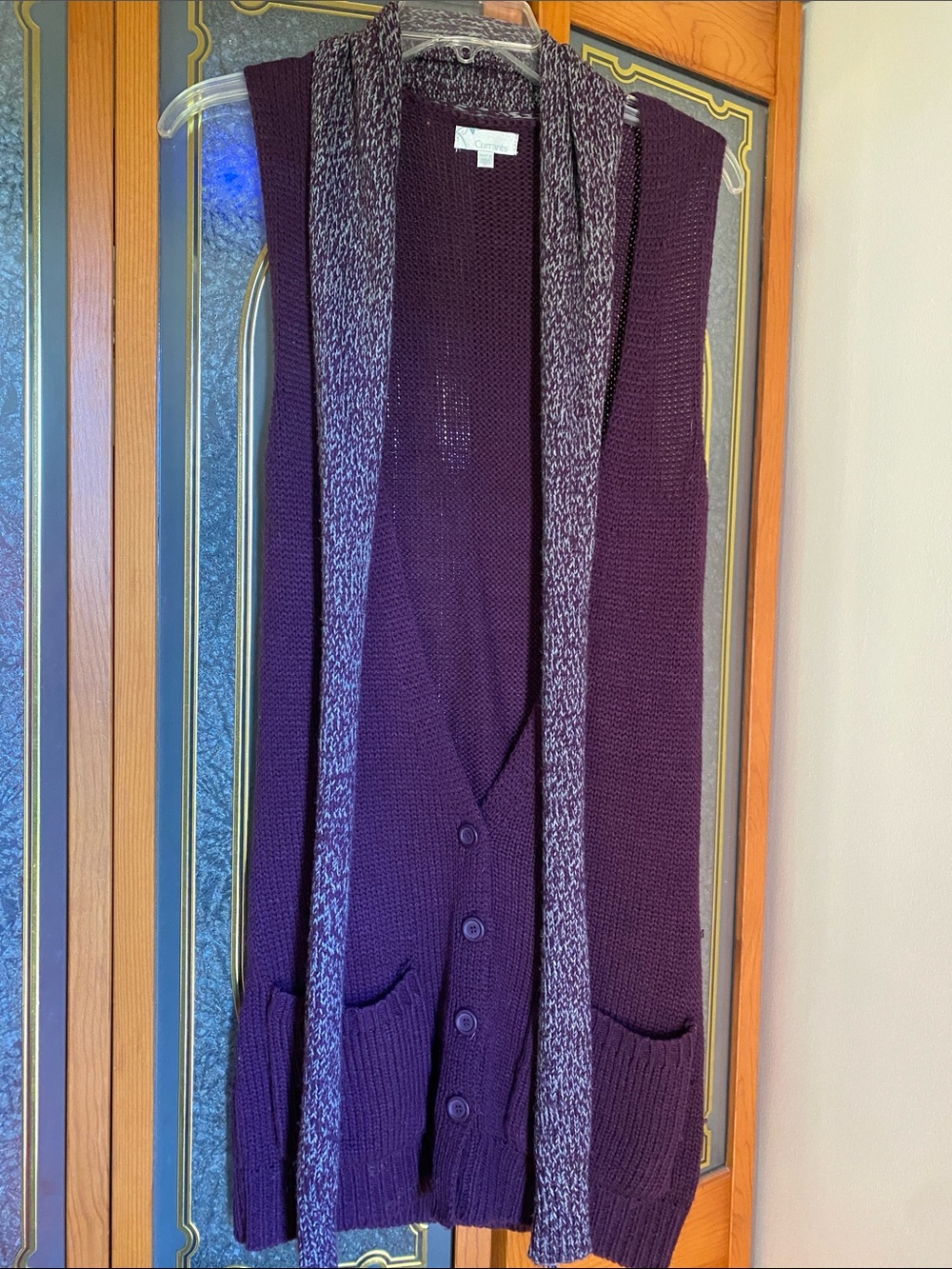Deep Purple Knit Button-Front Sweater Vest with Marled knit scarf trim